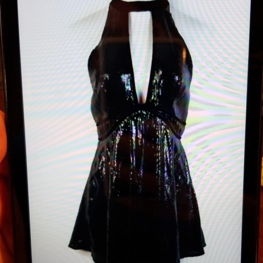 NWT Free People Black Sequined Halter Mini Dress